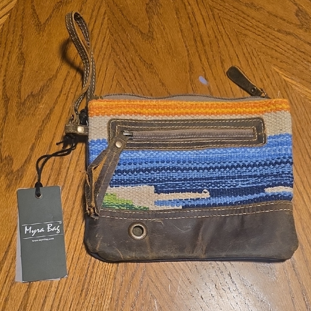 Myra Bag Blue and Brown Wristlet Bag